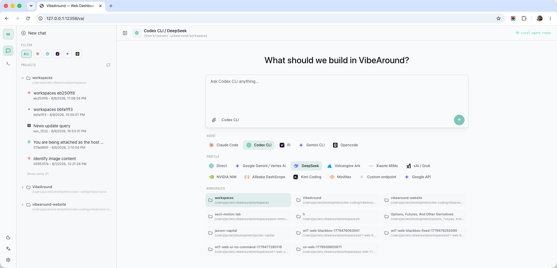 VibeAround Web Dashboard with browser frame, agent selector, model profiles, workspaces, and local agent status